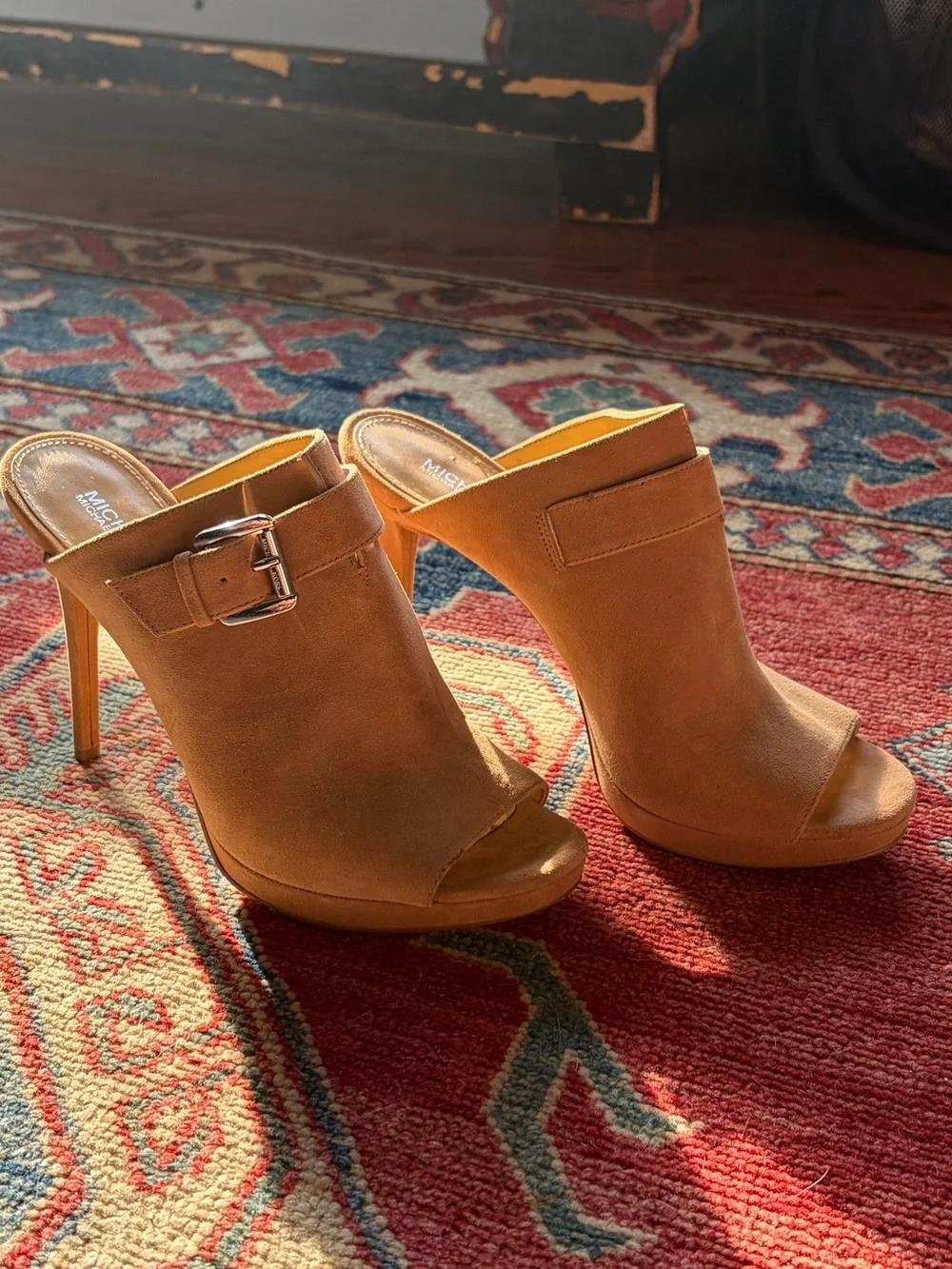 Michael Kors Tan Suede Open-Toe Buckle Mule Heels